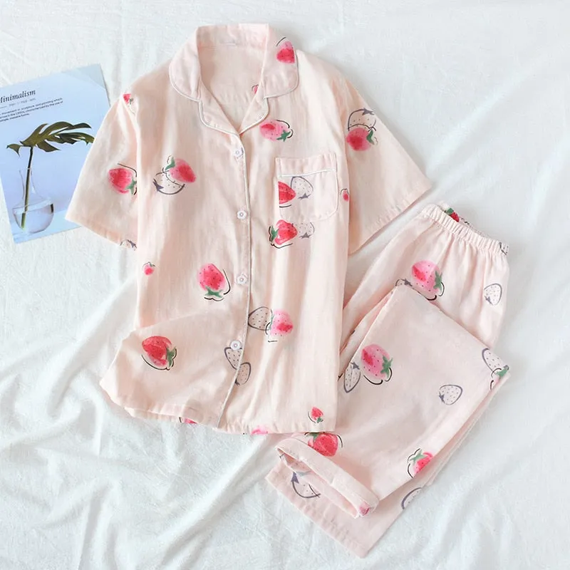 Cute simple 100% cotton gauze short pajamas set
