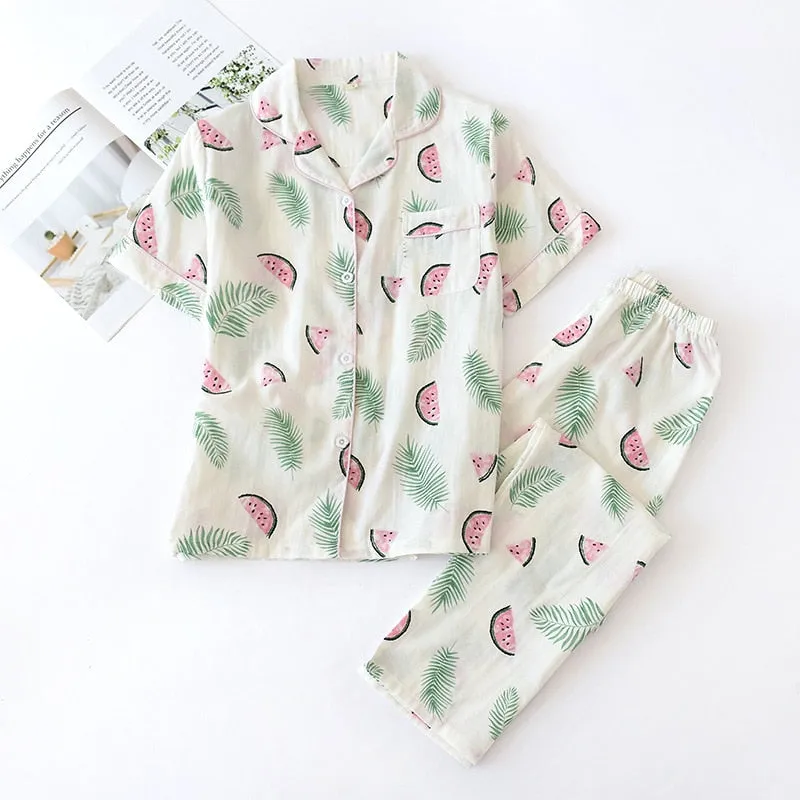 Cute simple 100% cotton gauze short pajamas set
