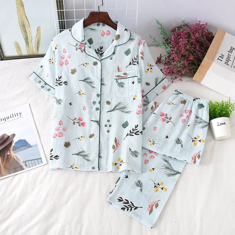 Cute simple 100% cotton gauze short pajamas set