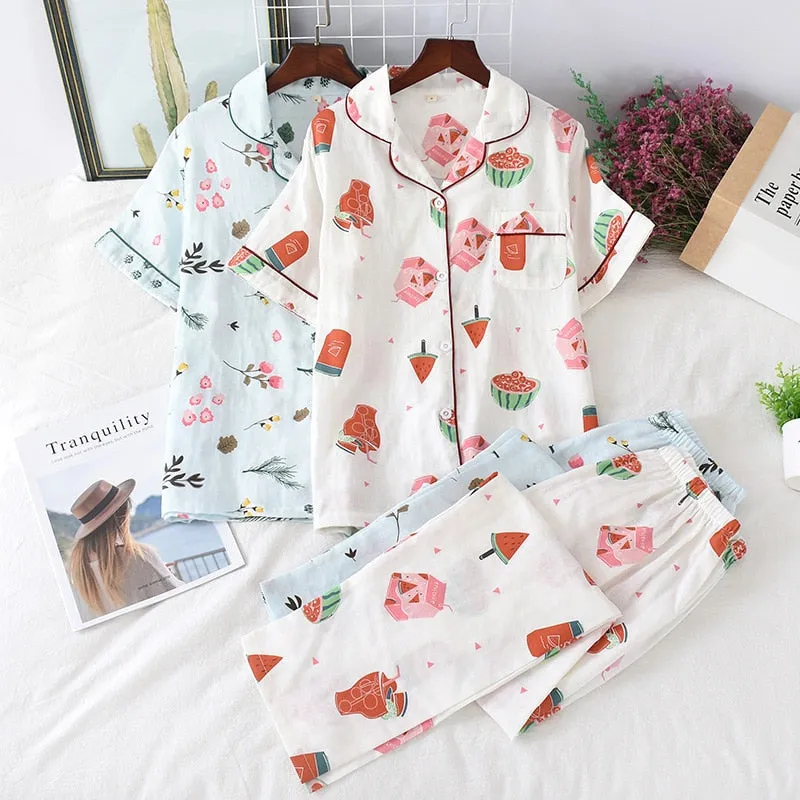 Cute simple 100% cotton gauze short pajamas set