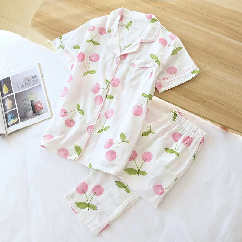 Cute simple 100% cotton gauze short pajamas set