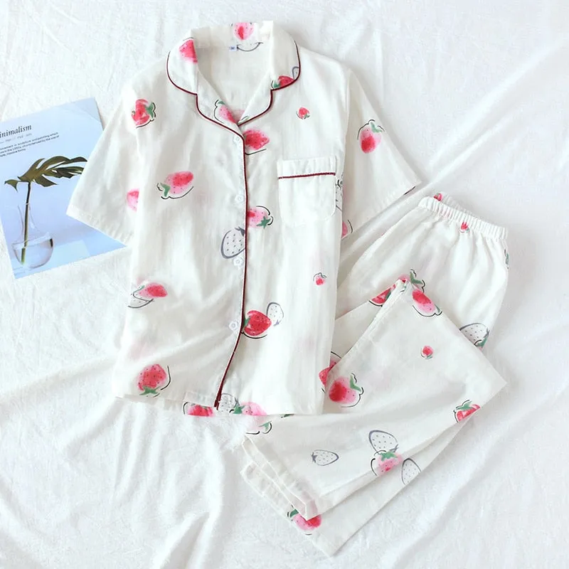 Cute simple 100% cotton gauze short pajamas set