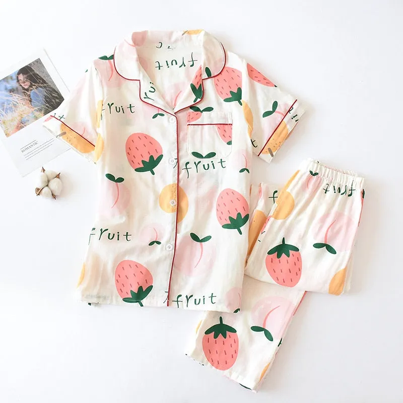 Cute simple 100% cotton gauze short pajamas set