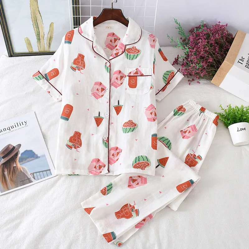 Cute simple 100% cotton gauze short pajamas set