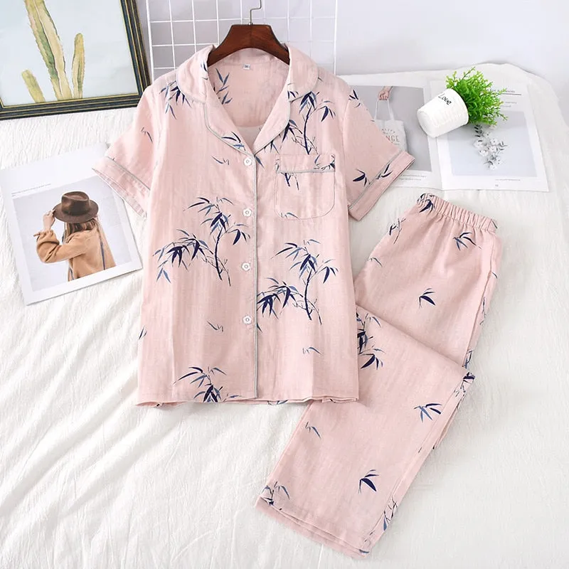 Cute simple 100% cotton gauze short pajamas set