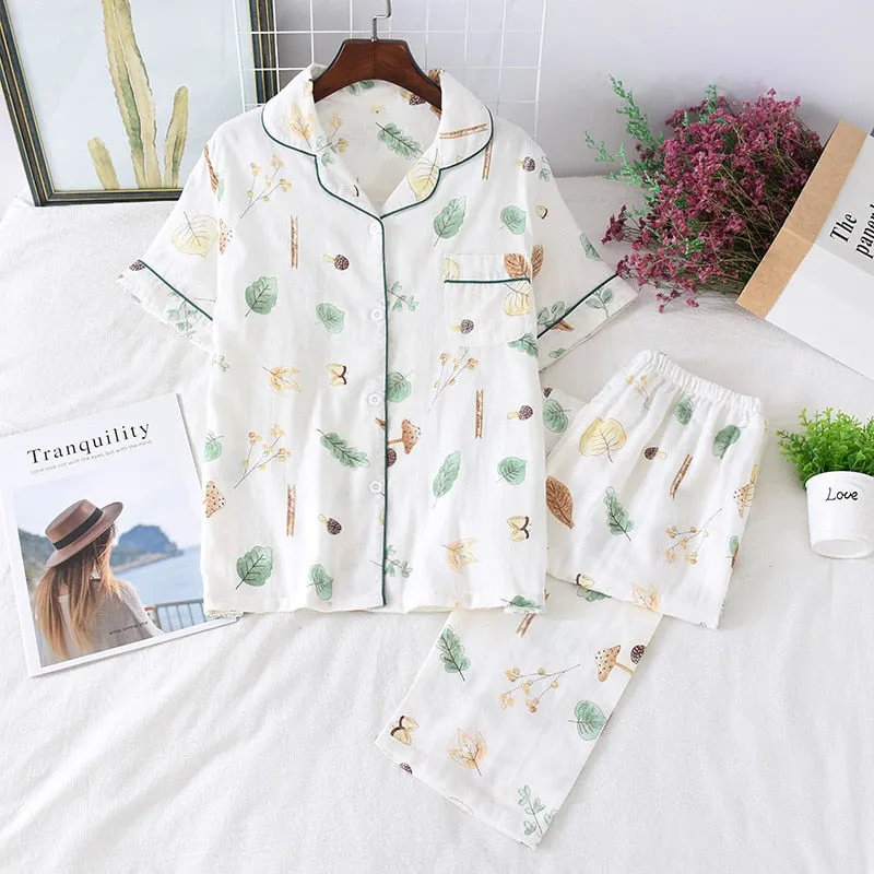 Cute simple 100% cotton gauze short pajamas set