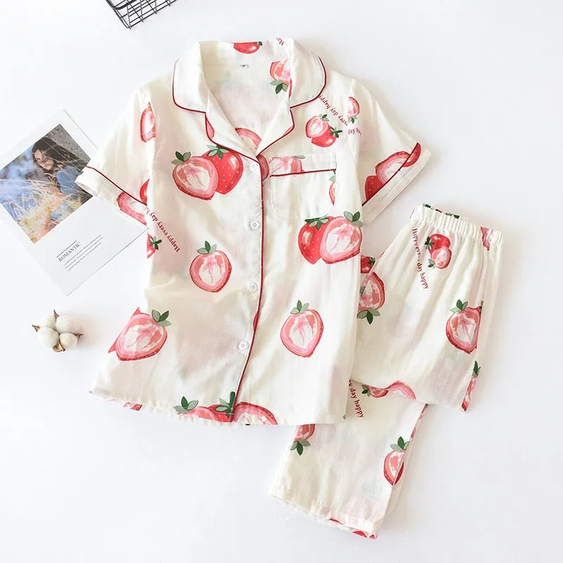 Cute simple 100% cotton gauze short pajamas set