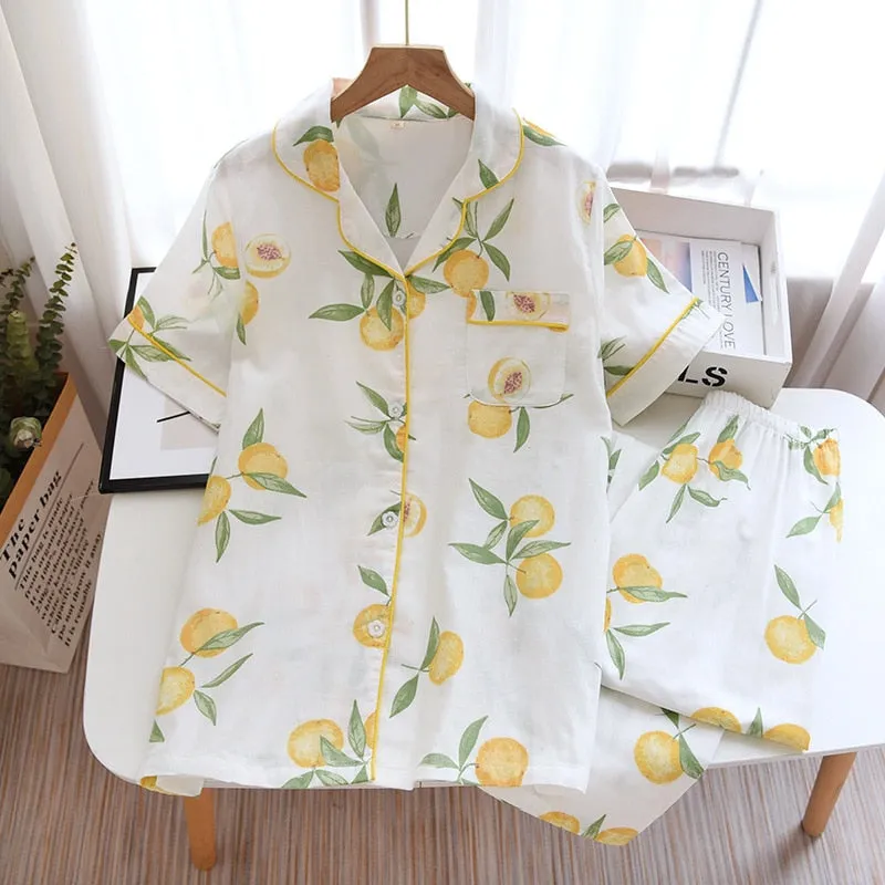 Cute simple 100% cotton gauze short pajamas set