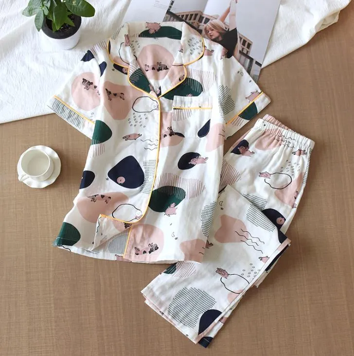 Cute simple 100% cotton gauze short pajamas set