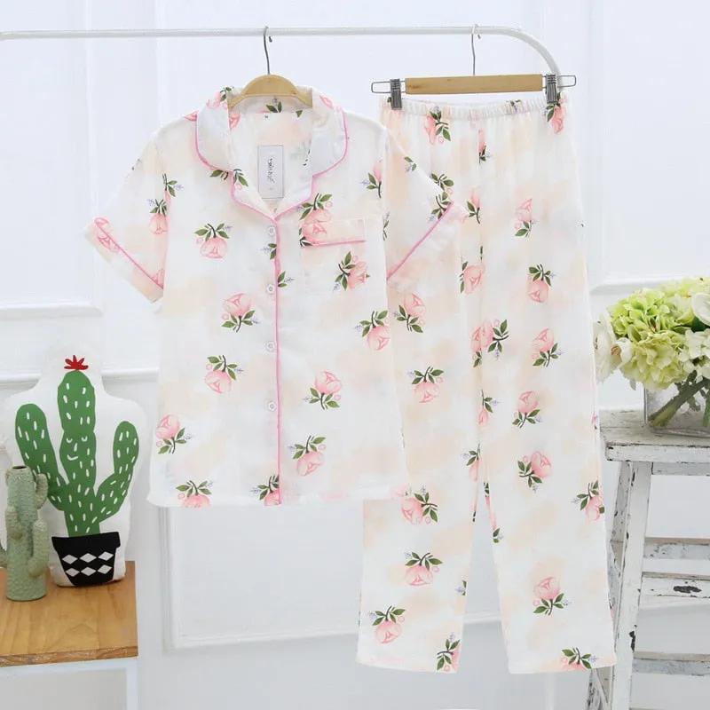 Cute simple 100% cotton gauze short pajamas set