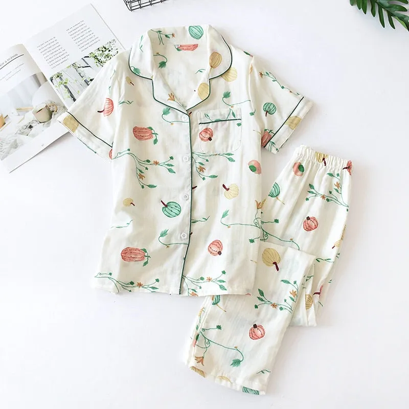 Cute simple 100% cotton gauze short pajamas set