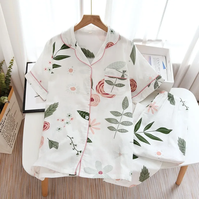 Cute simple 100% cotton gauze short pajamas set