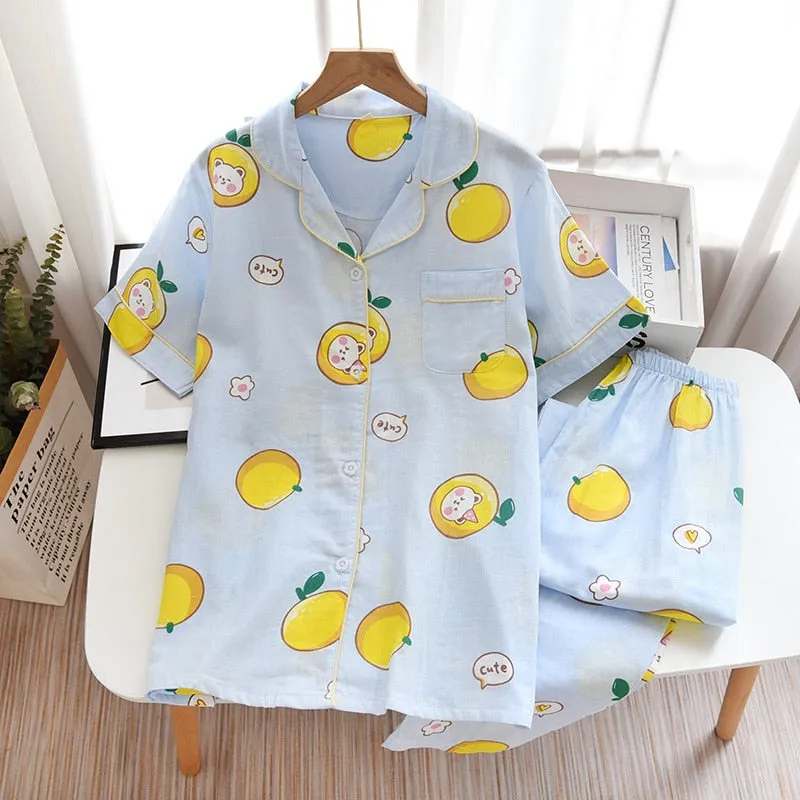 Cute simple 100% cotton gauze short pajamas set