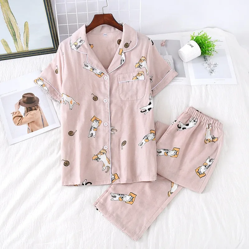 Cute simple 100% cotton gauze short pajamas set