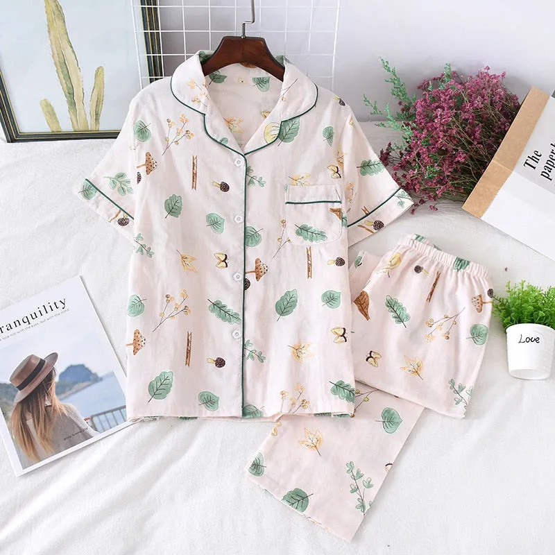 Cute simple 100% cotton gauze short pajamas set