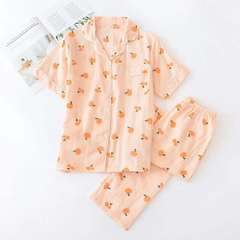 Cute simple 100% cotton gauze short pajamas set