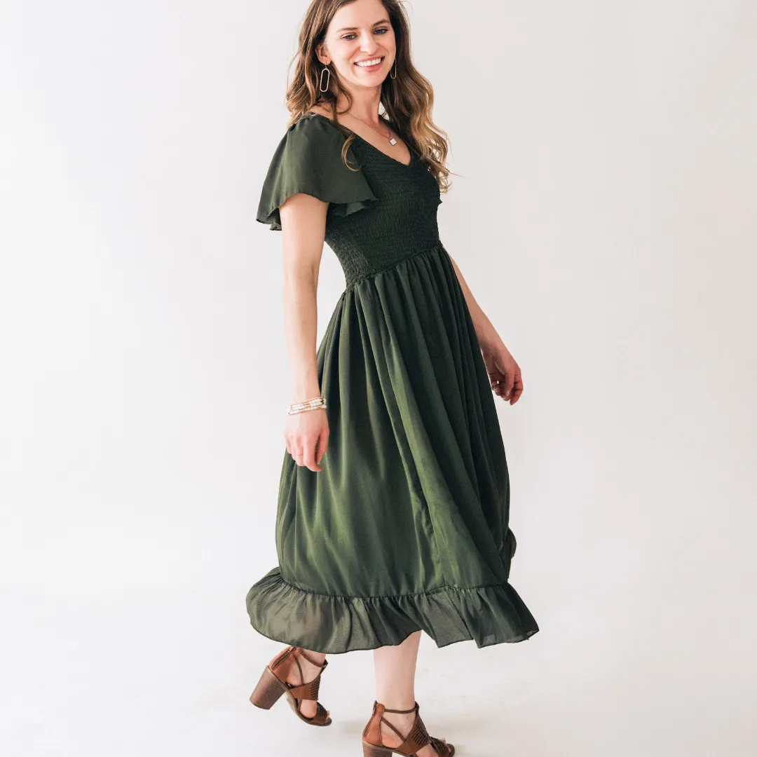 Dark Green Chiffon Dress - Women