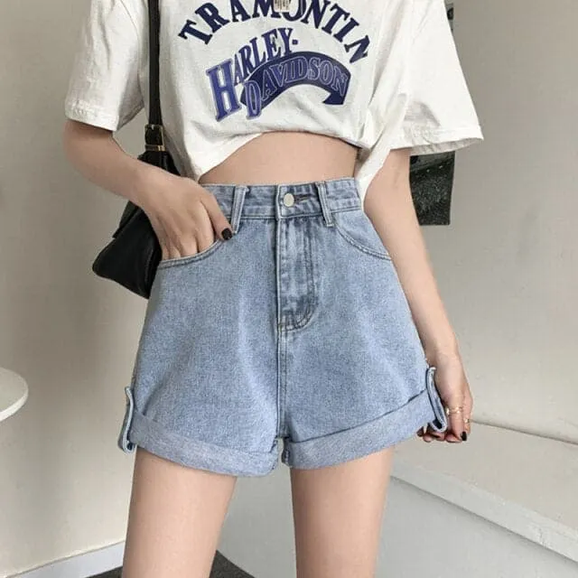 DressBetty - Women High Waist Loose Retro Blue Denim Shorts Casual Female Streetwear Wide Leg Vintage Ladies Jeans Shorts