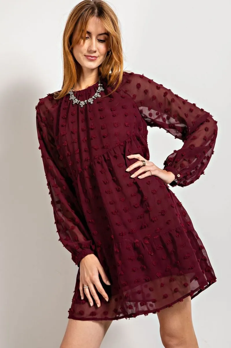 Easel Flowy Silhouette Swiss Dot Pom Pom Chiffon Dress