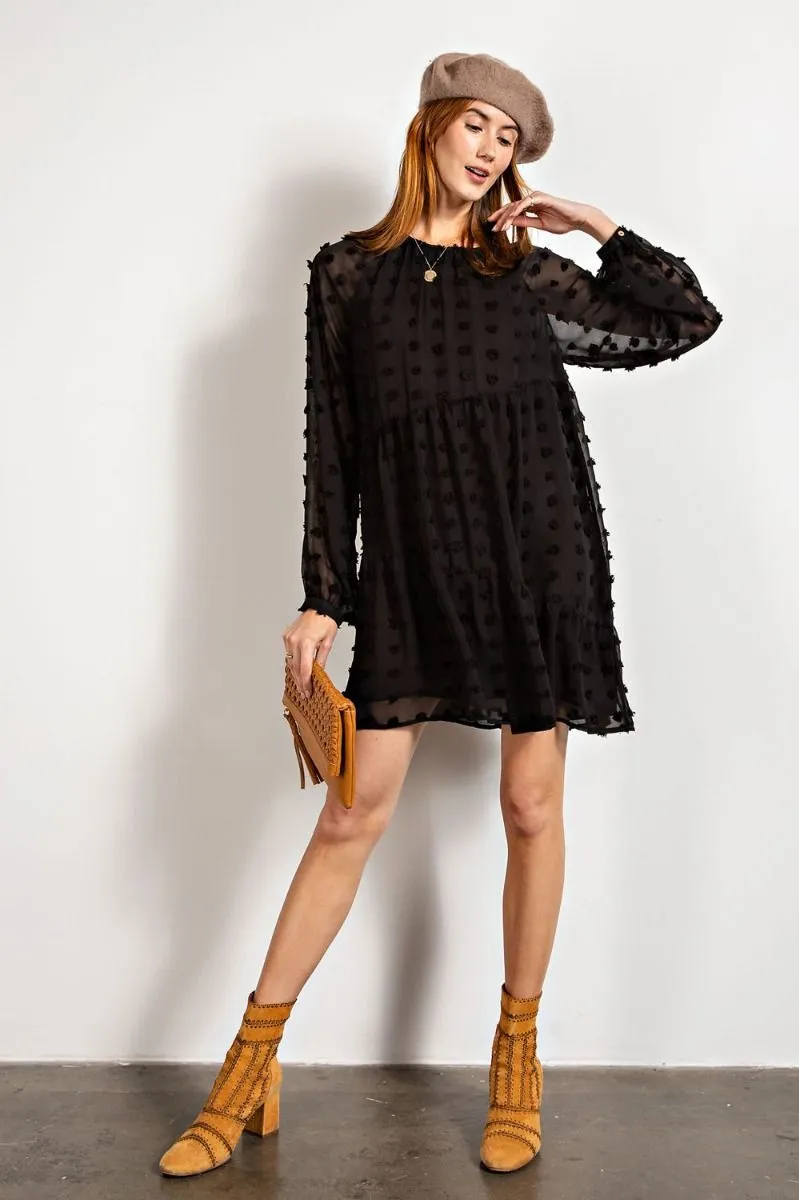 Easel Flowy Silhouette Swiss Dot Pom Pom Chiffon Dress