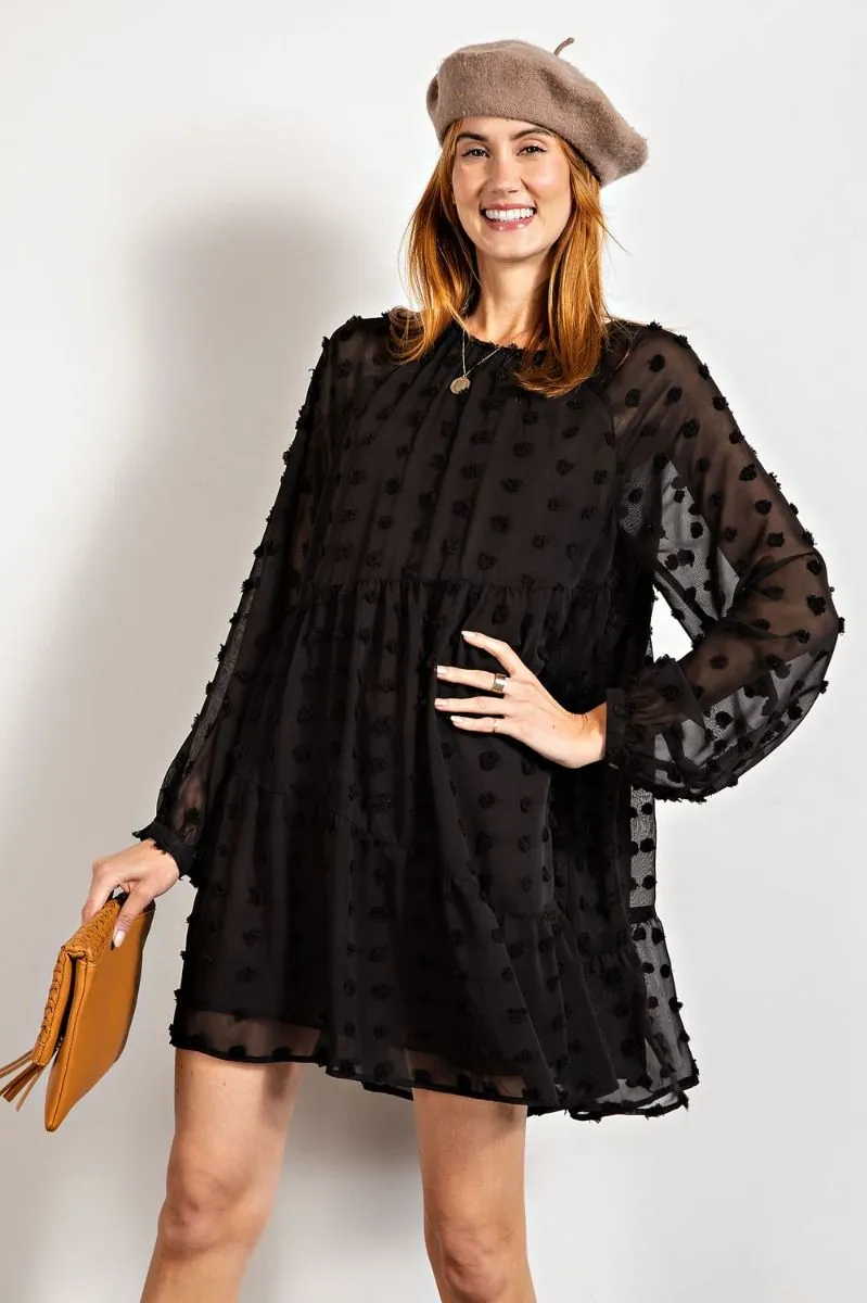 Easel Flowy Silhouette Swiss Dot Pom Pom Chiffon Dress