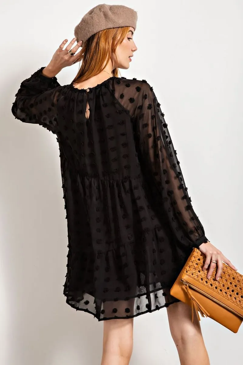 Easel Flowy Silhouette Swiss Dot Pom Pom Chiffon Dress