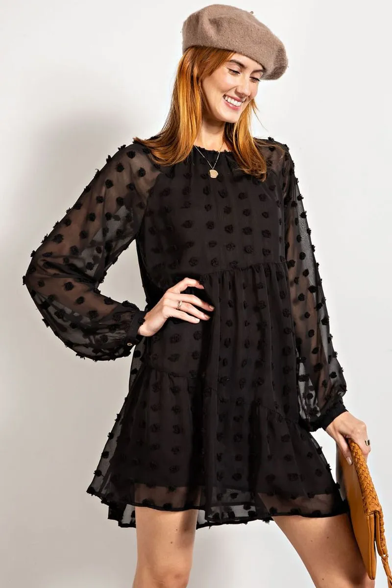 Easel Flowy Silhouette Swiss Dot Pom Pom Chiffon Dress