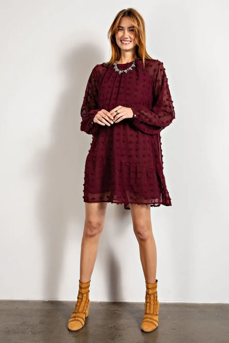Easel Flowy Silhouette Swiss Dot Pom Pom Chiffon Dress