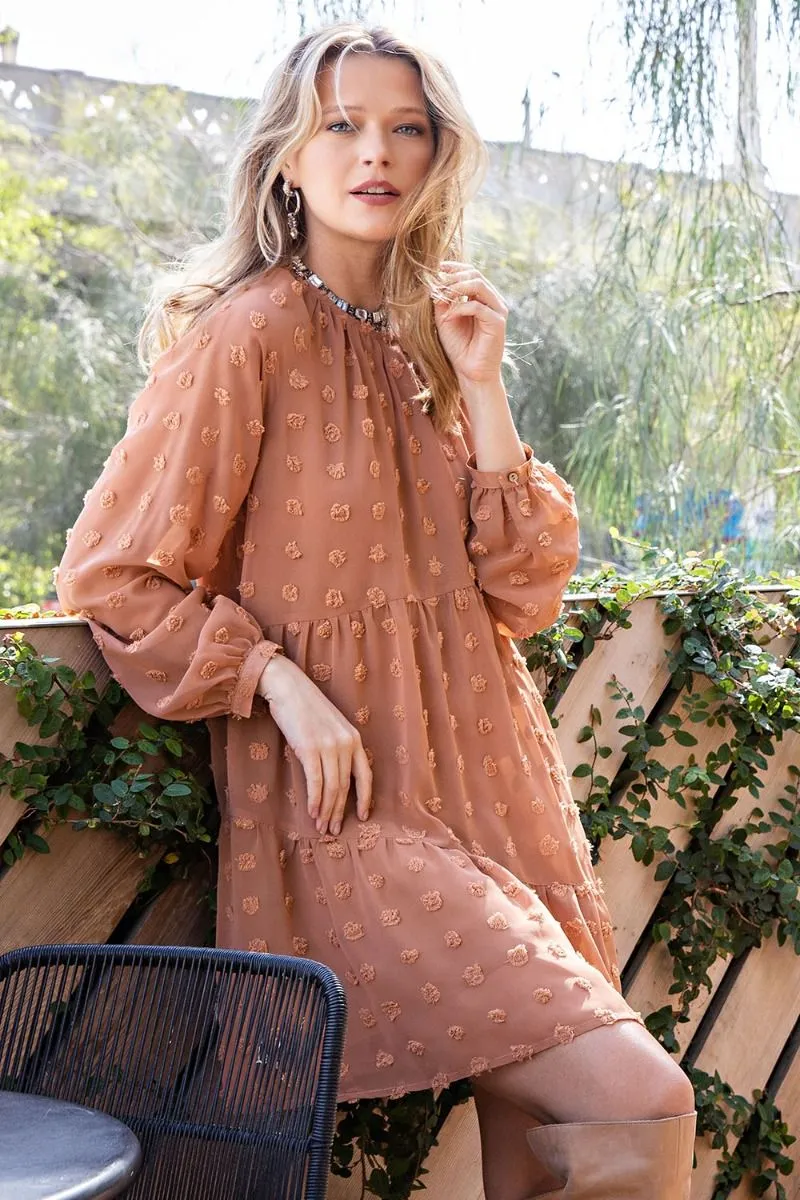 Easel Flowy Silhouette Swiss Dot Pom Pom Chiffon Dress