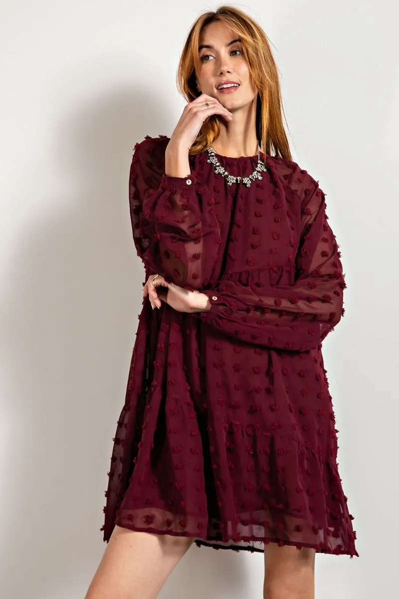 Easel Flowy Silhouette Swiss Dot Pom Pom Chiffon Dress