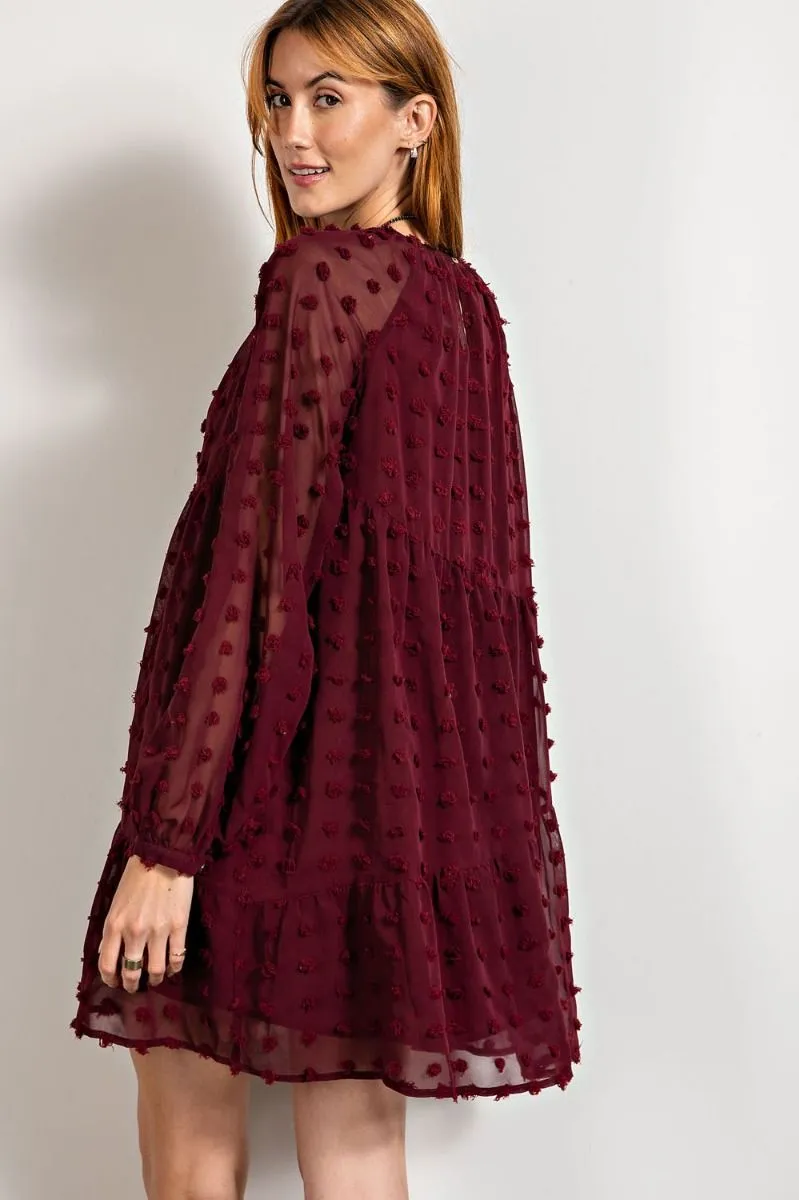 Easel Flowy Silhouette Swiss Dot Pom Pom Chiffon Dress