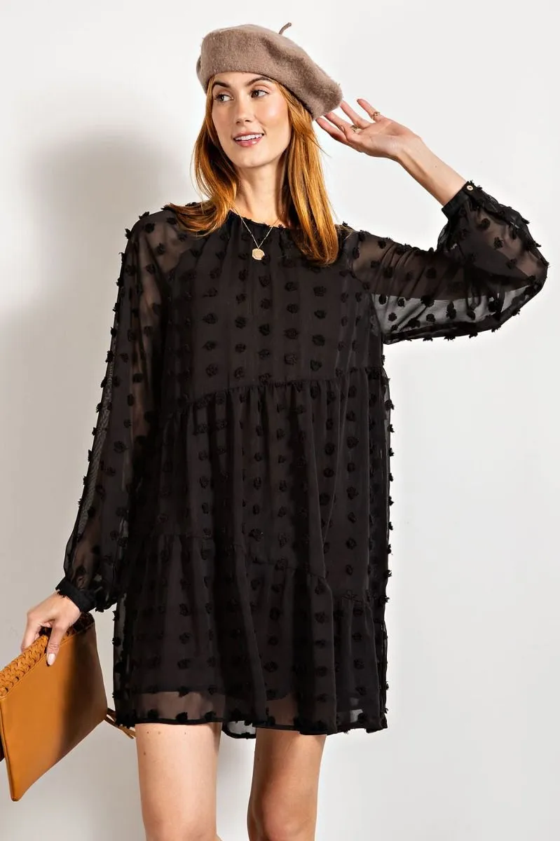 Easel Flowy Silhouette Swiss Dot Pom Pom Chiffon Dress