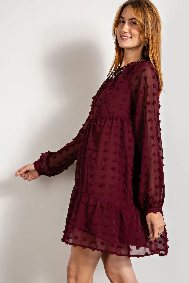 Easel Flowy Silhouette Swiss Dot Pom Pom Chiffon Dress