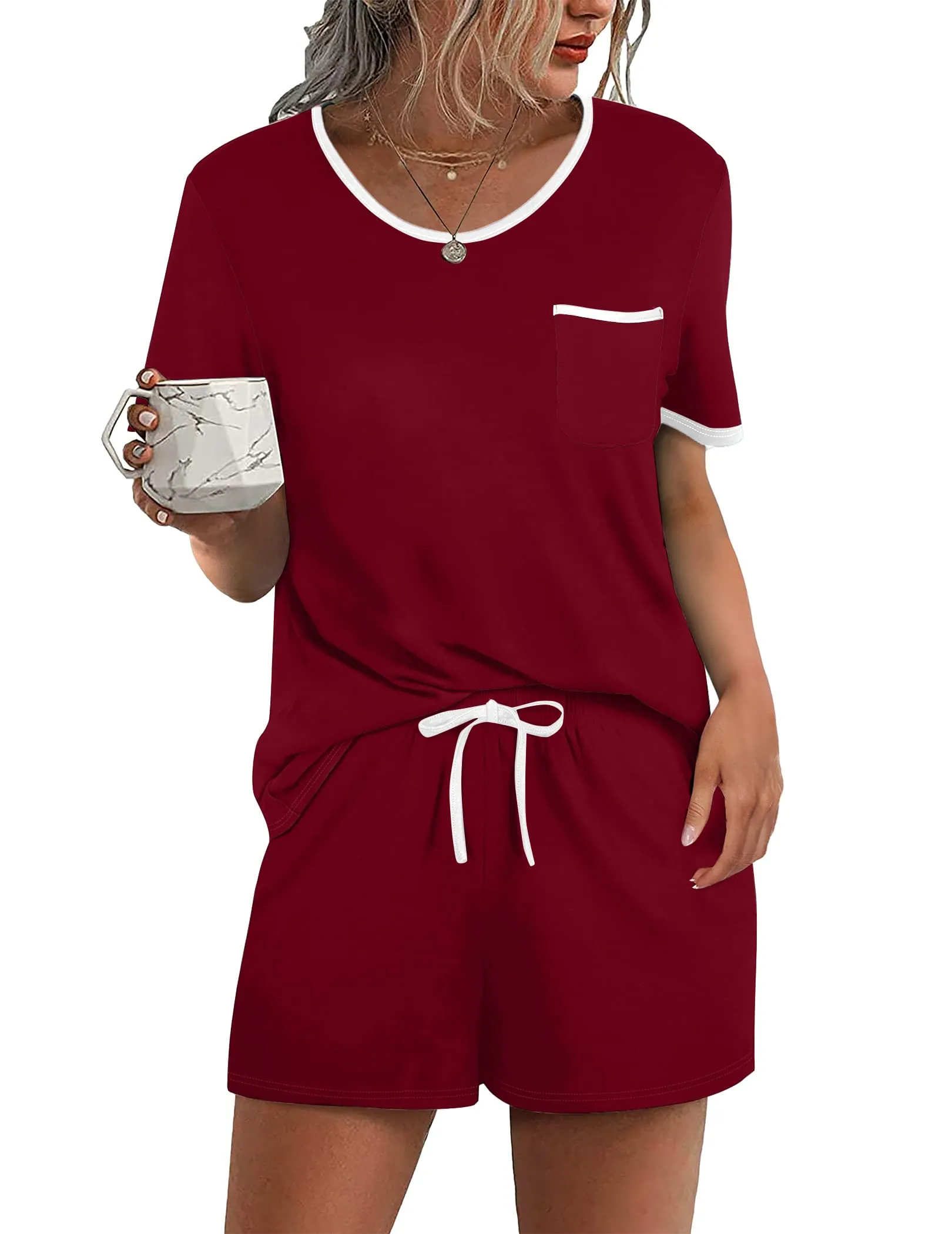 Ekouaer Pajama Set for Women 2 Piece Lounge Set Short Sleeve Tops and Shorts Soft Sleepwear, Chest Pocket Wine Red