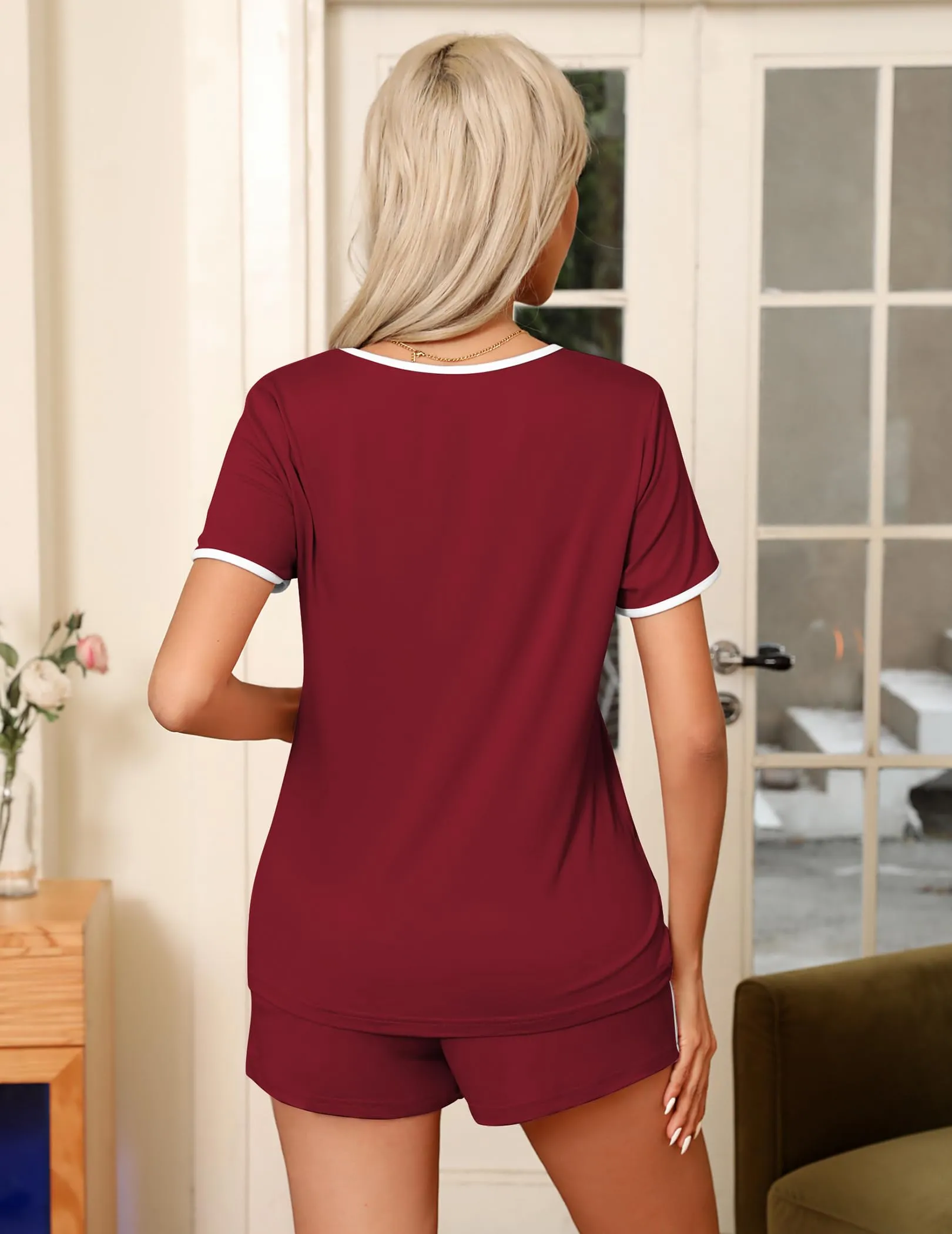 Ekouaer Pajama Set for Women 2 Piece Lounge Set Short Sleeve Tops and Shorts Soft Sleepwear, Chest Pocket Wine Red