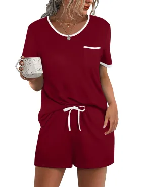 Ekouaer Pajama Set for Women 2 Piece Lounge Set Short Sleeve Tops and Shorts Soft Sleepwear, Chest Pocket Wine Red