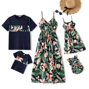 Family Matching Outfits Floral Printed V-neck Cami Dress and T-shirts with Pocket