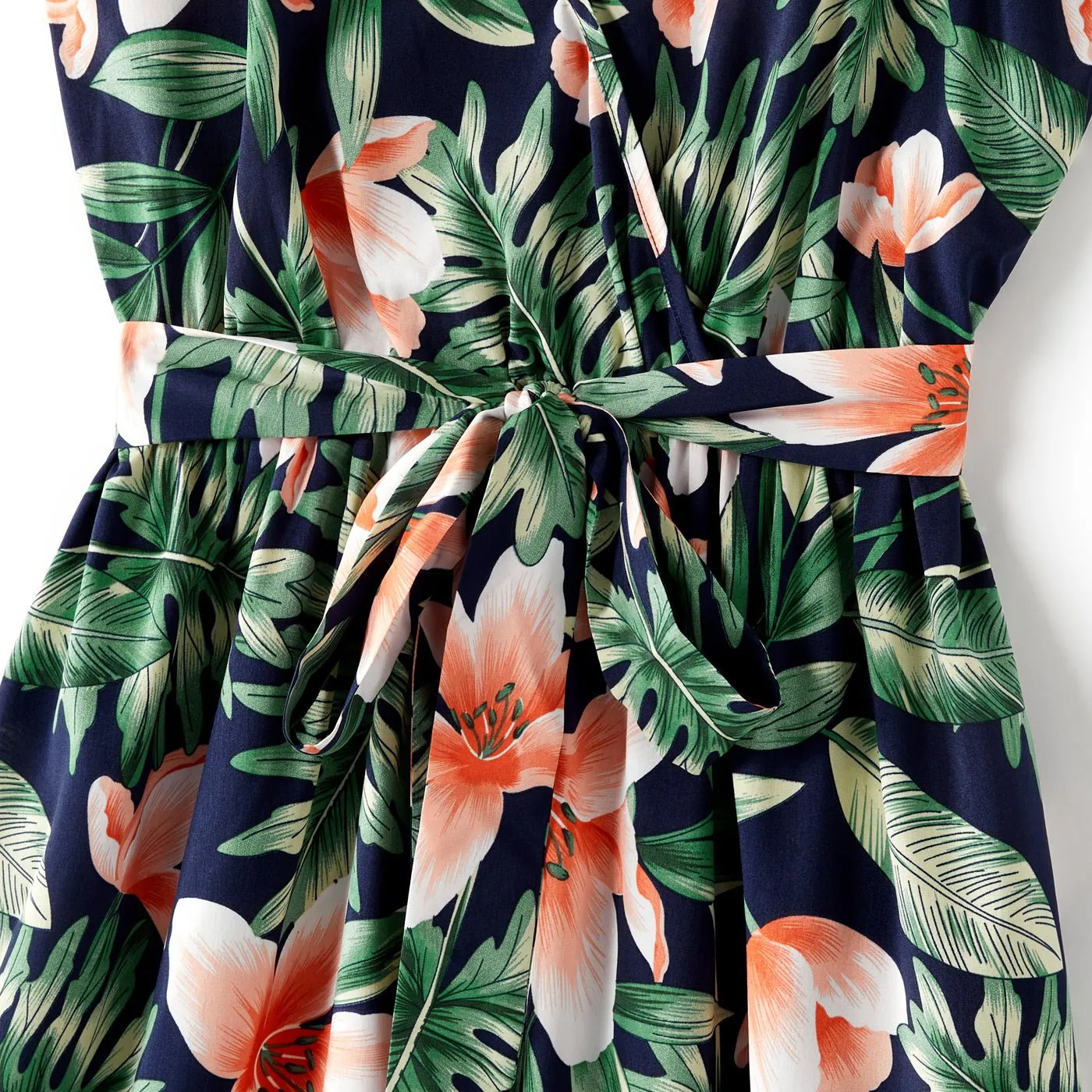 Family Matching Outfits Floral Printed V-neck Cami Dress and T-shirts with Pocket