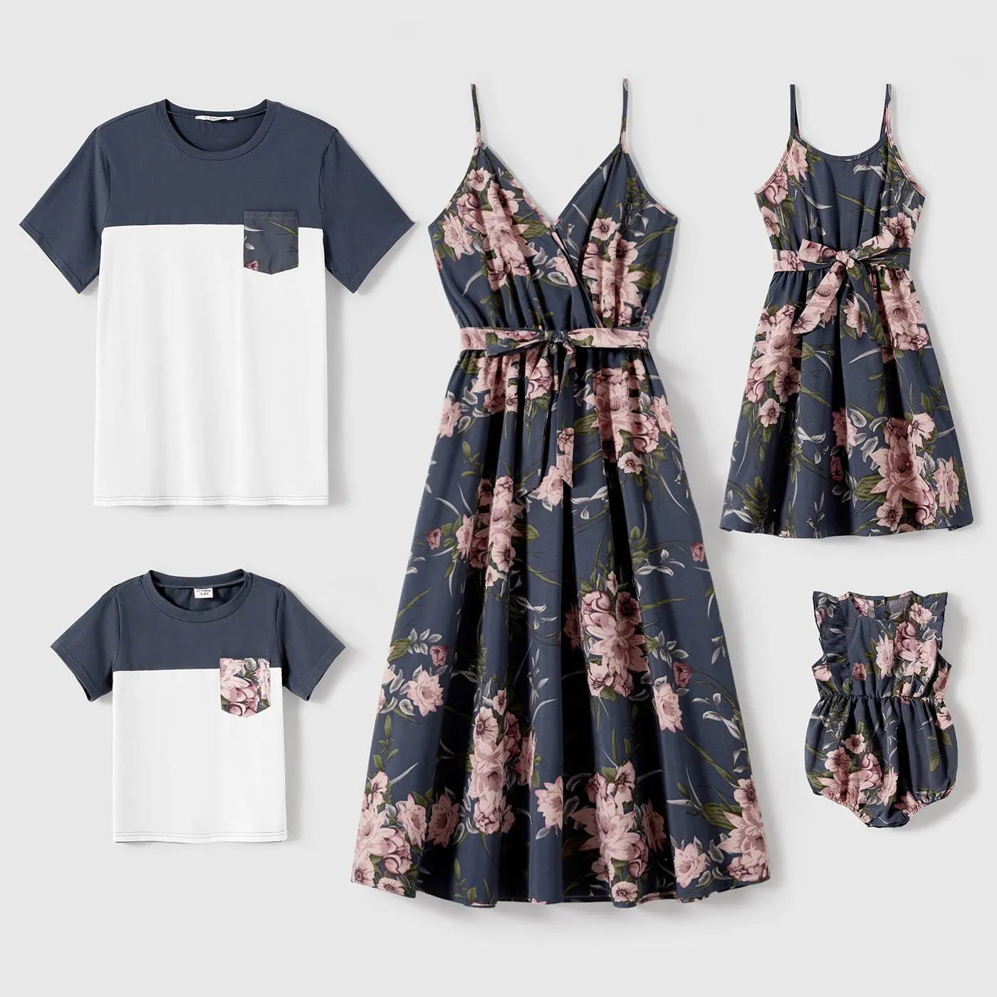 Family Matching Outfits Floral Printed V-neck Cami Dress and T-shirts with Pocket