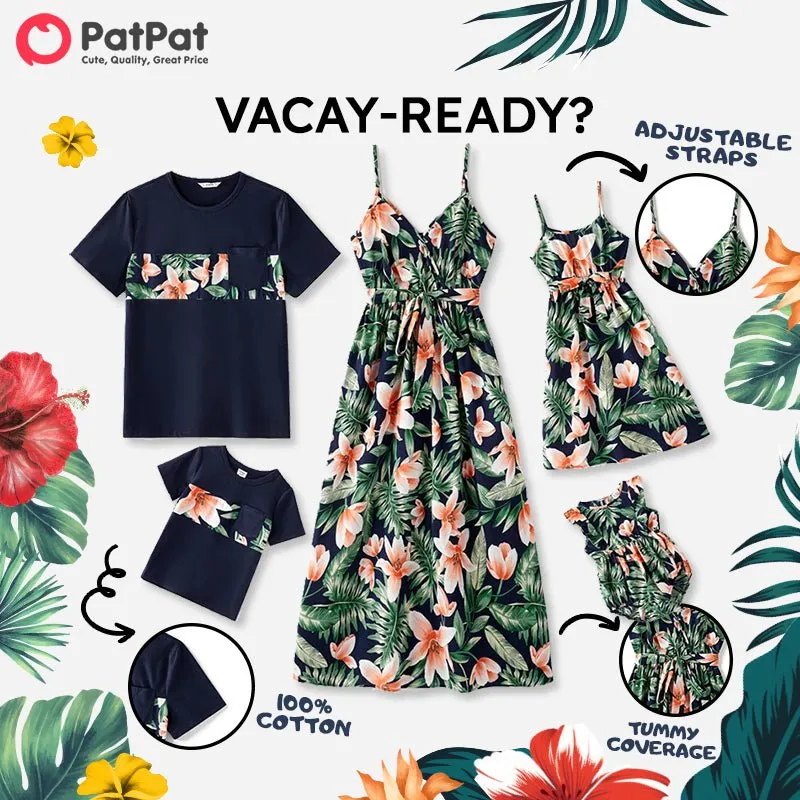 Family Matching Outfits Floral Printed V-neck Cami Dress and T-shirts with Pocket