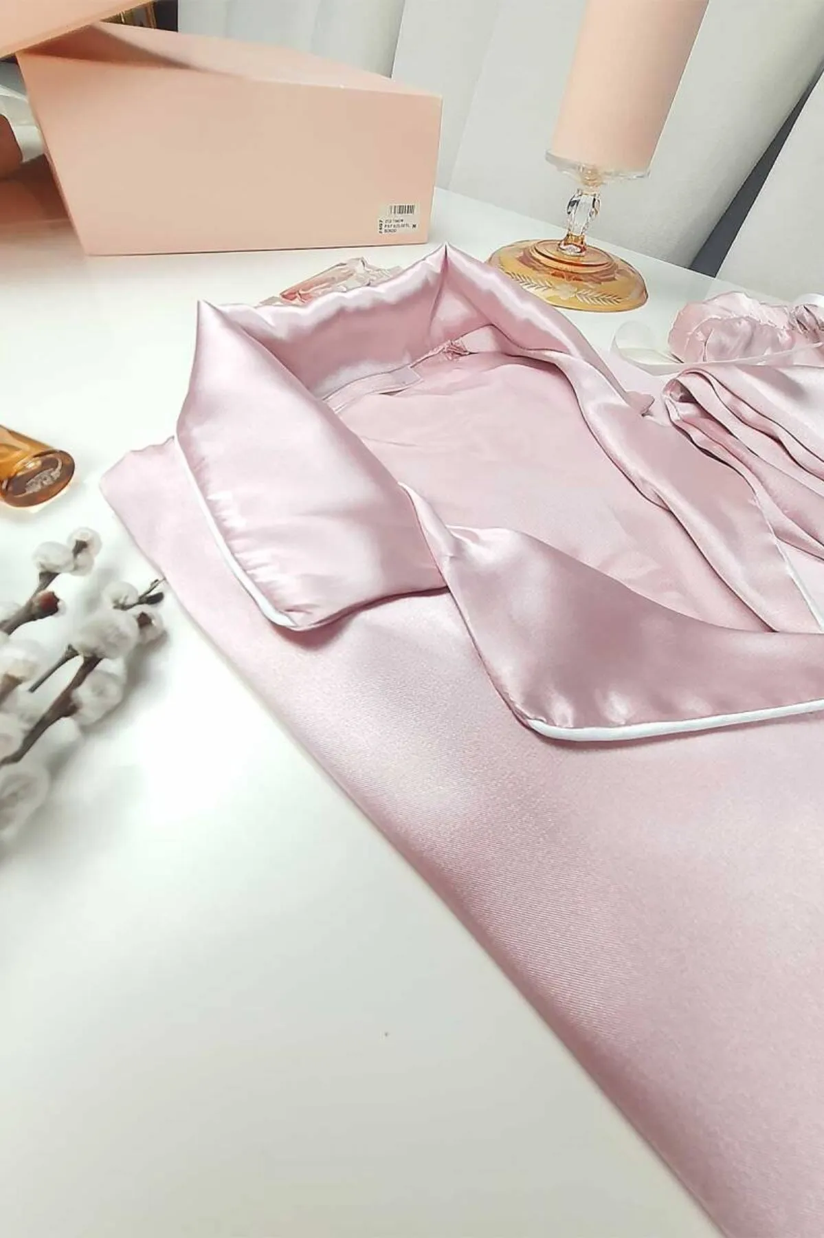 faryanight ipek saten uzun kollu biyeli düğmeli gömlek pijama takimi