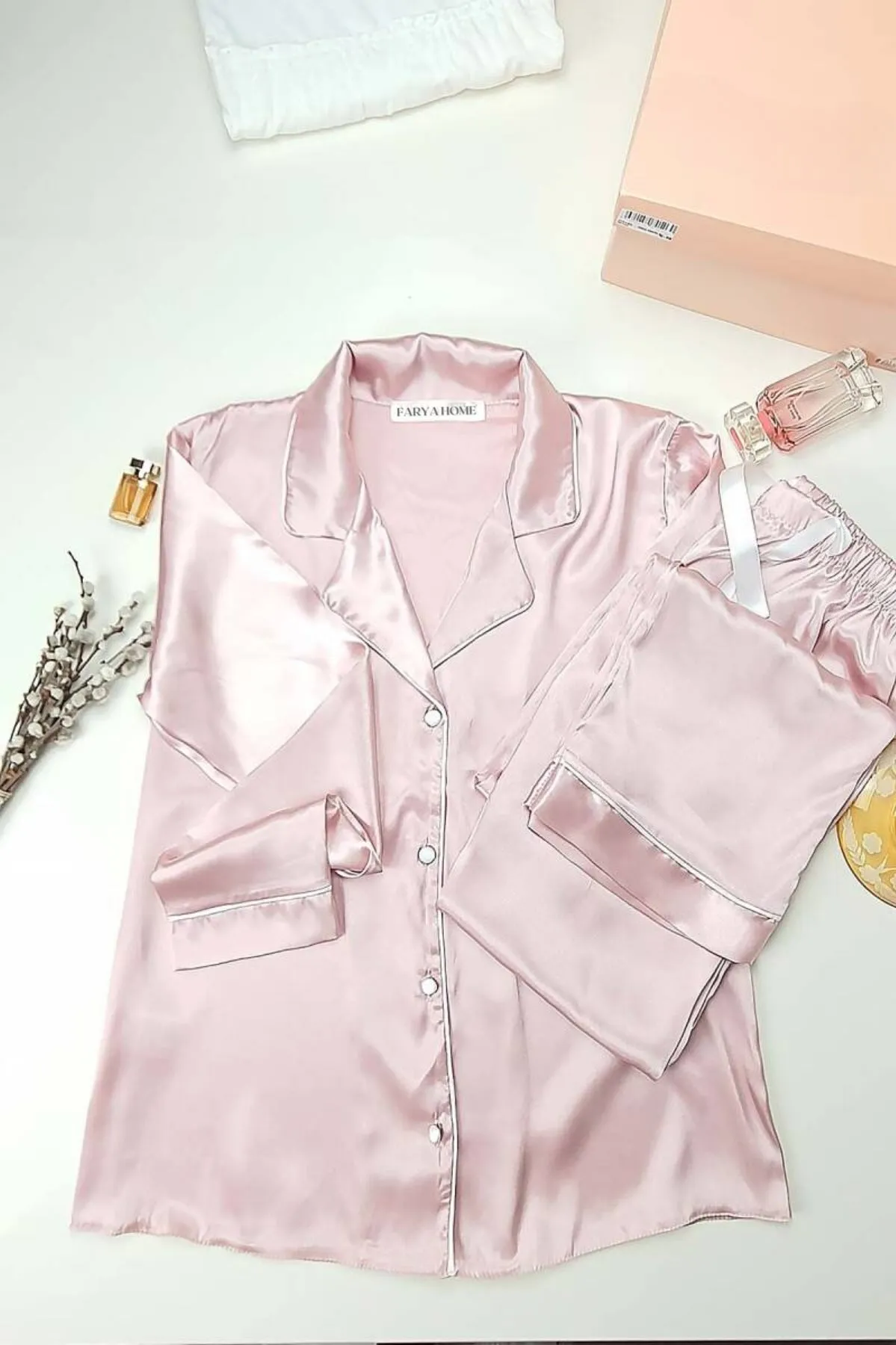 faryanight ipek saten uzun kollu biyeli düğmeli gömlek pijama takimi