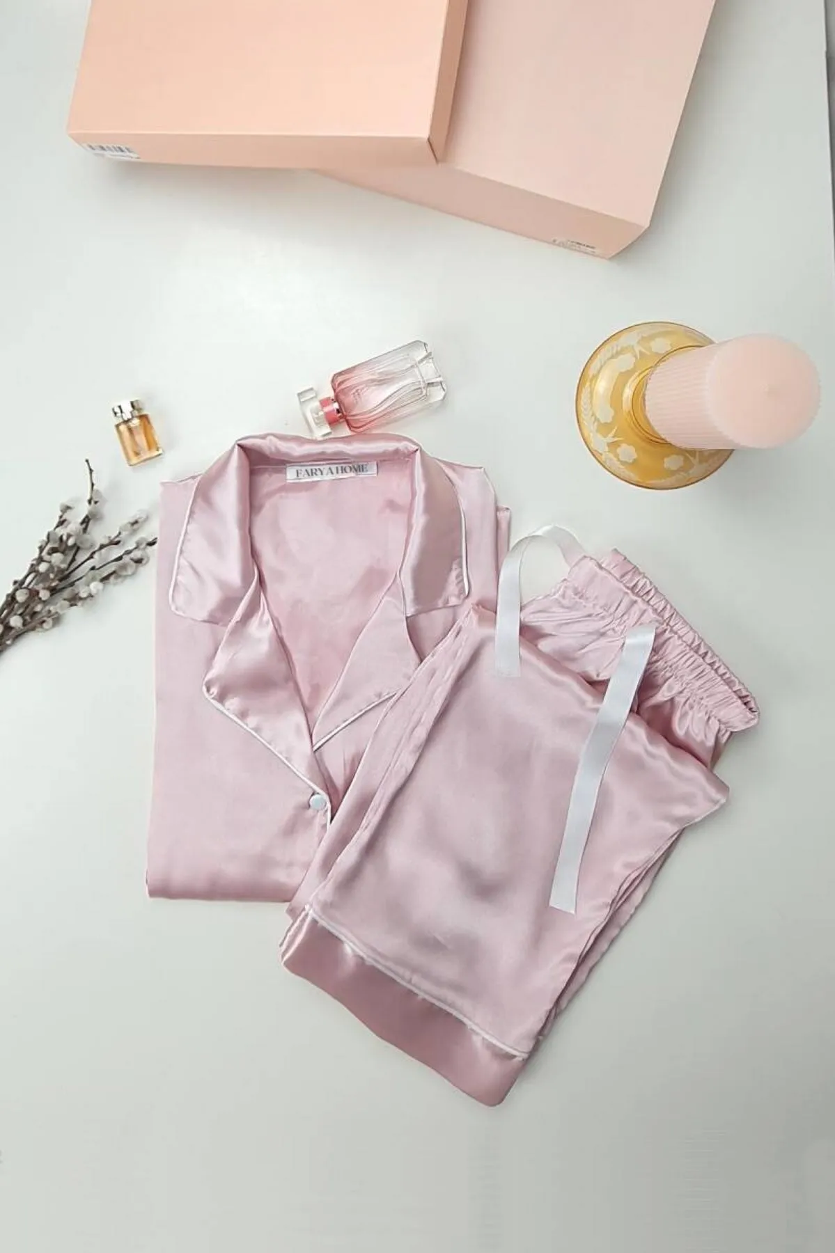 faryanight ipek saten uzun kollu biyeli düğmeli gömlek pijama takimi