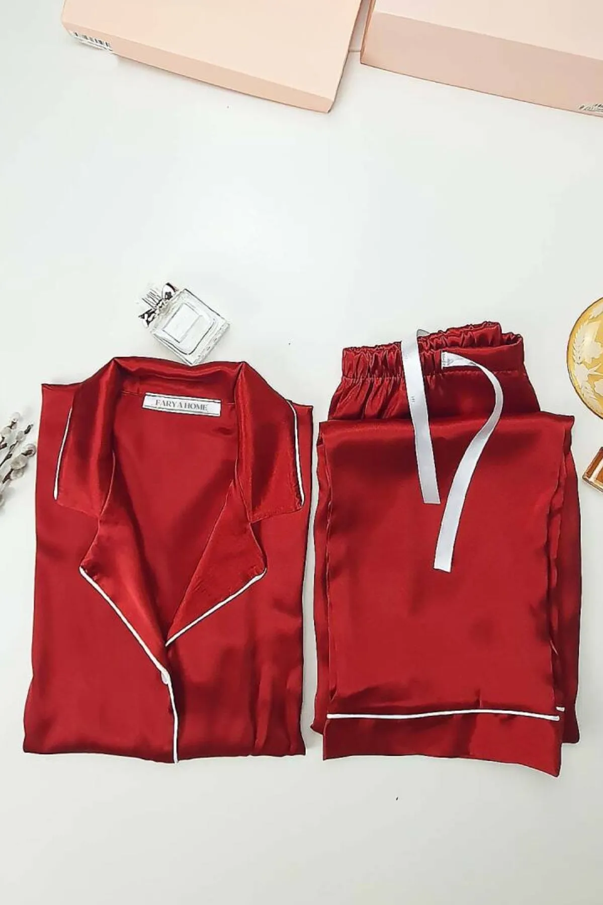 faryanight ipek saten uzun kollu biyeli düğmeli gömlek pijama takimi