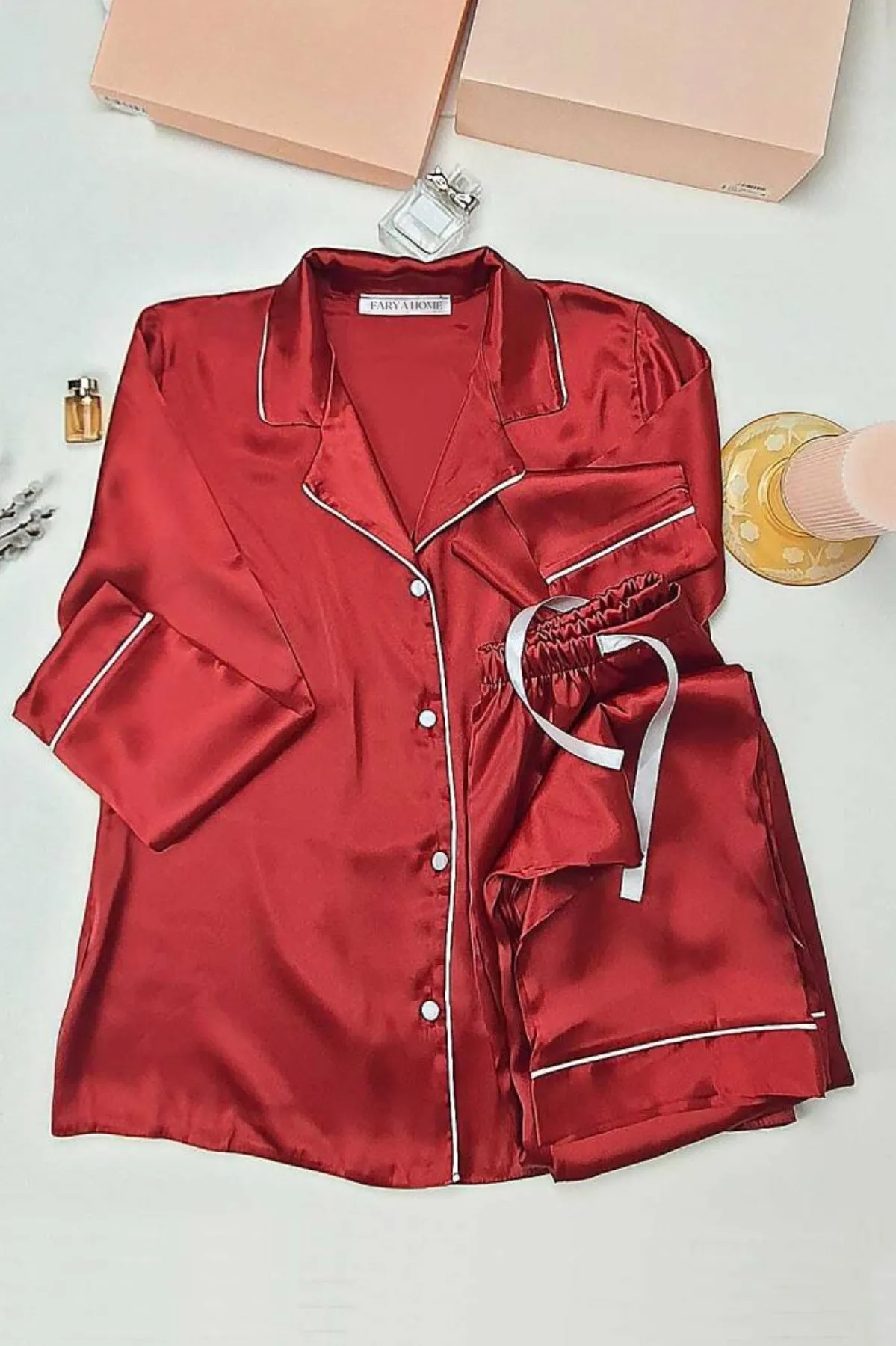 faryanight ipek saten uzun kollu biyeli düğmeli gömlek pijama takimi