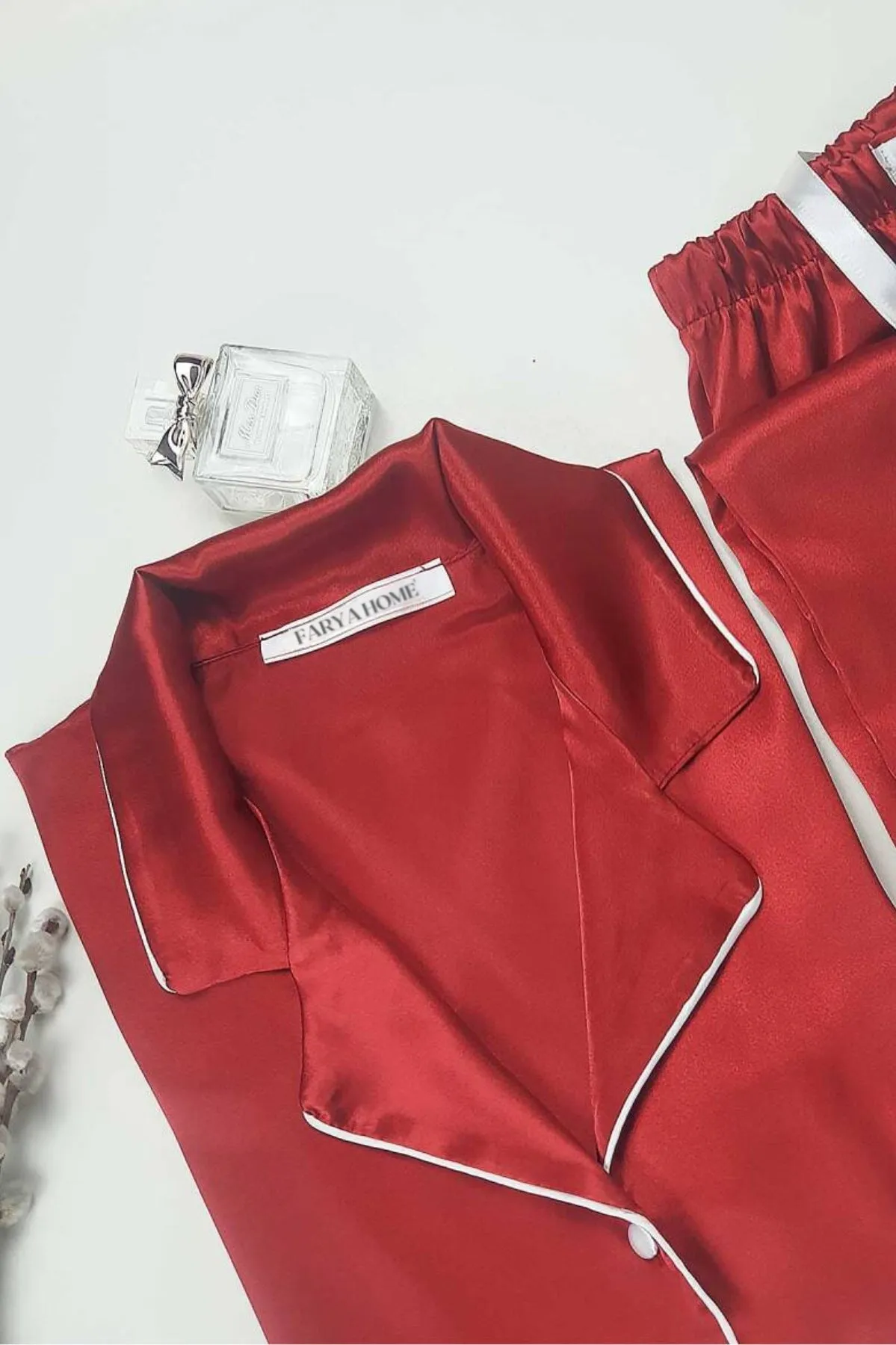 faryanight ipek saten uzun kollu biyeli düğmeli gömlek pijama takimi