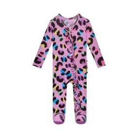 Girl's Bamboo Ruffle Footie with Zipper - Electric Leopard