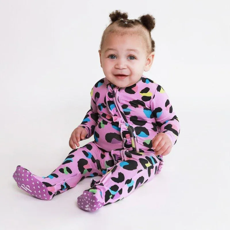 Girl's Bamboo Ruffle Footie with Zipper - Electric Leopard