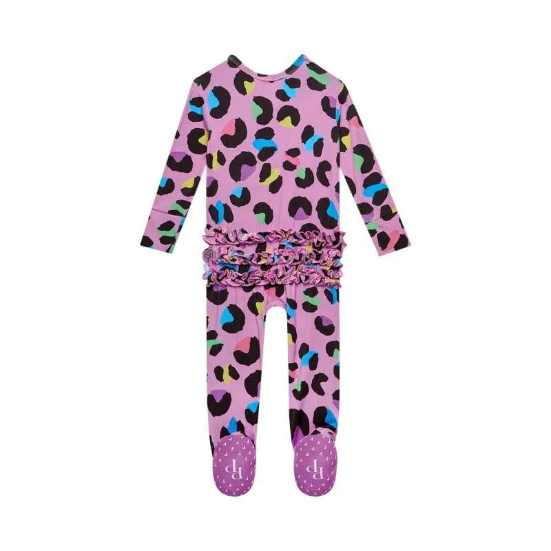 Girl's Bamboo Ruffle Footie with Zipper - Electric Leopard