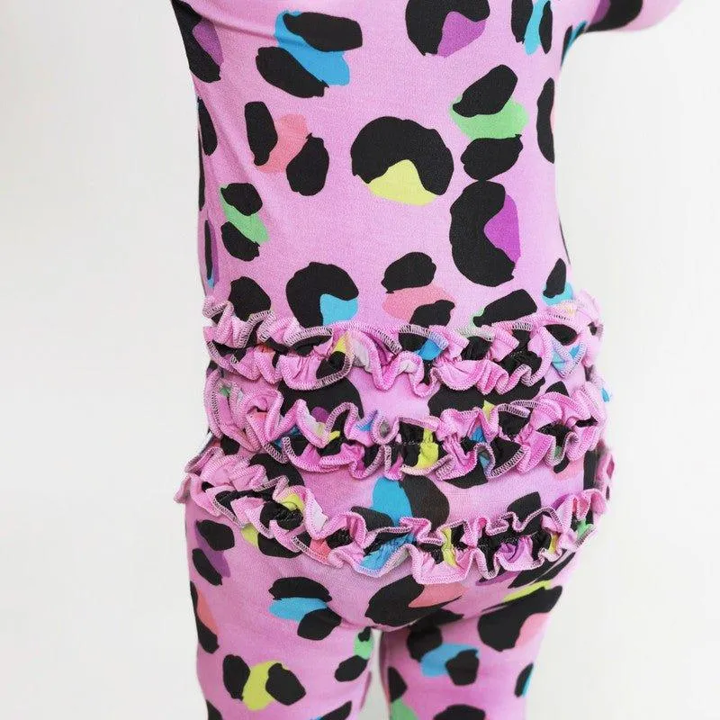 Girl's Bamboo Ruffle Footie with Zipper - Electric Leopard